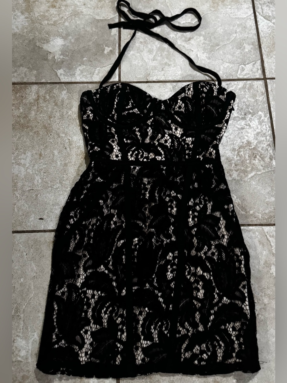 TOBI Black Lace Mini Dress XS Sweetheart Neckline Open Back Halter